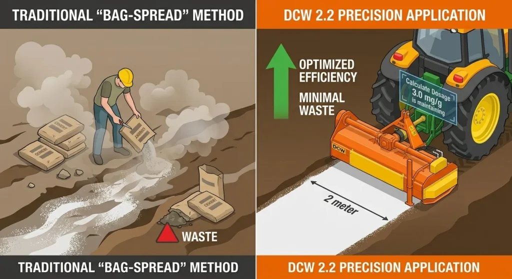 the provided visual contrast highlighting the dramatic difference between the traditional, wasteful manual method and the precision of the DCW 2.2