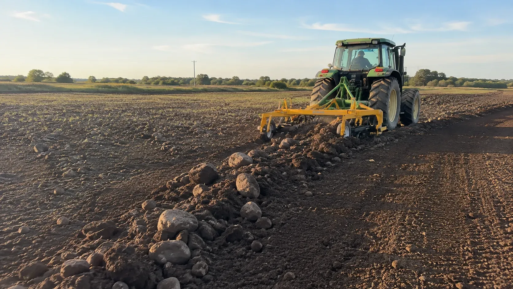 Stone removal machines rock rake and rock picker in field operation