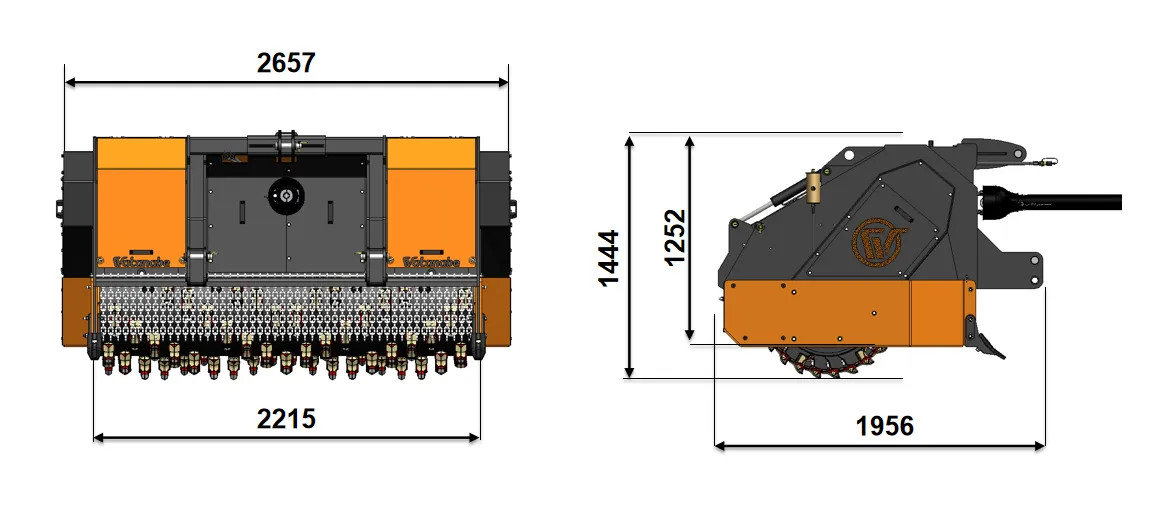 THOR-2235 main dimensions diagram — working width 2,215 mm, transport width 2,657 mm, length 1,956 mm, height 1,444 mm