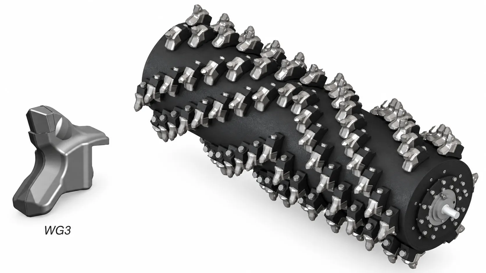 THOR-2235 WG3 rotor detail — 885 mm diameter, 113 cutting bits, helical pattern, full working width coverage